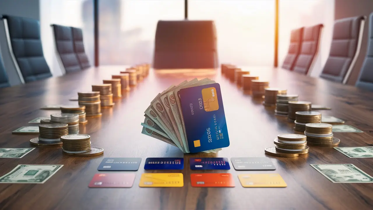 Mesa de conferência moderna com cartões de pagamento, moedas e notas organizadas.