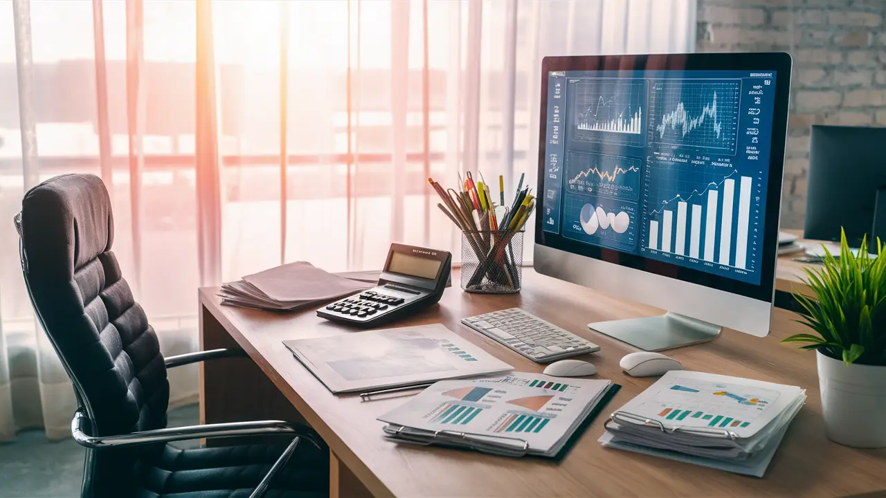 Computador em mesa de escritório com gráficos e calculadora, relatórios financeiros e planta à luz suave.