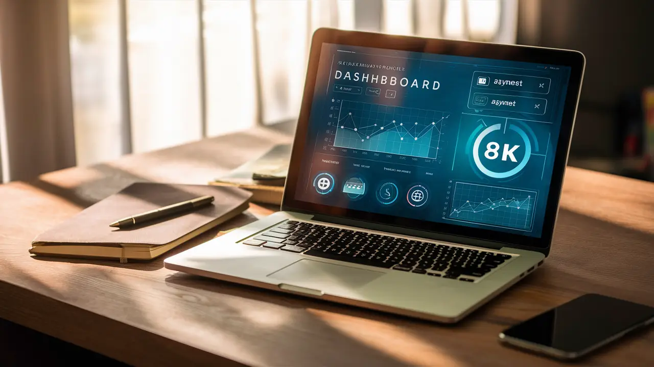 Laptop em mesa de madeira com dashboard digital de pagamentos e caderno ao lado.