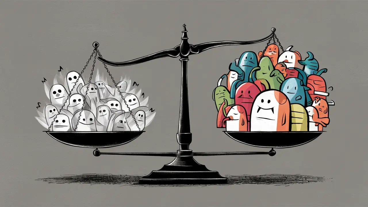 Balança com figuras fantasmas de um lado e figuras sólidas coloridas do outro.