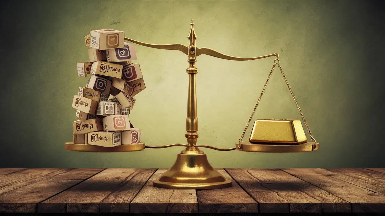 Balança com perfis falsos de Instagram de papelão de um lado e uma barra de ouro do outro, em uma mesa de madeira.