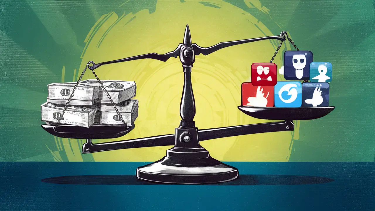 Balança digital com dinheiro de um lado e ícones de seguidores do outro.