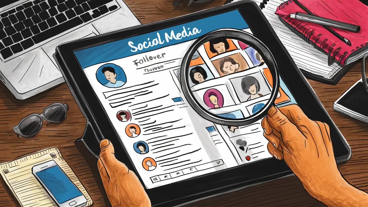 Tablet mostrando perfis genéricos de seguidores em uma rede social com lupa sobre lista de seguidores.