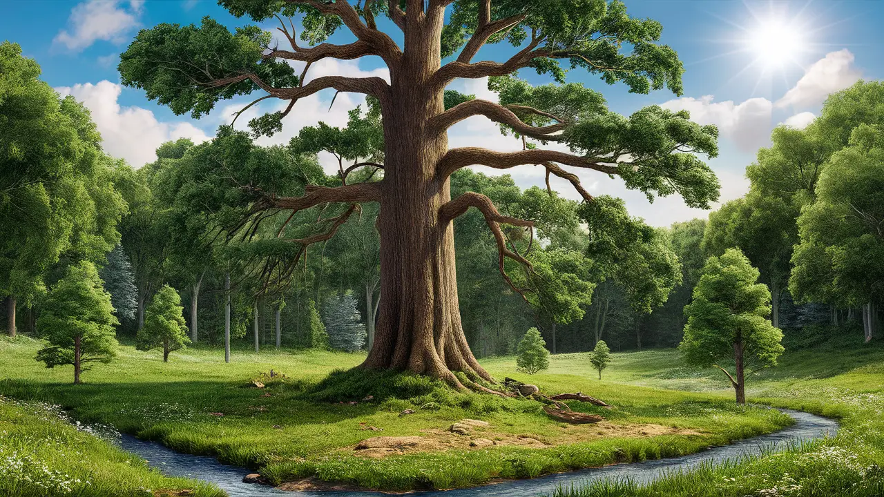 Árvore de carvalho adulta no centro de uma clareira, cercada por árvores jovens e flores sob céu azul claro.