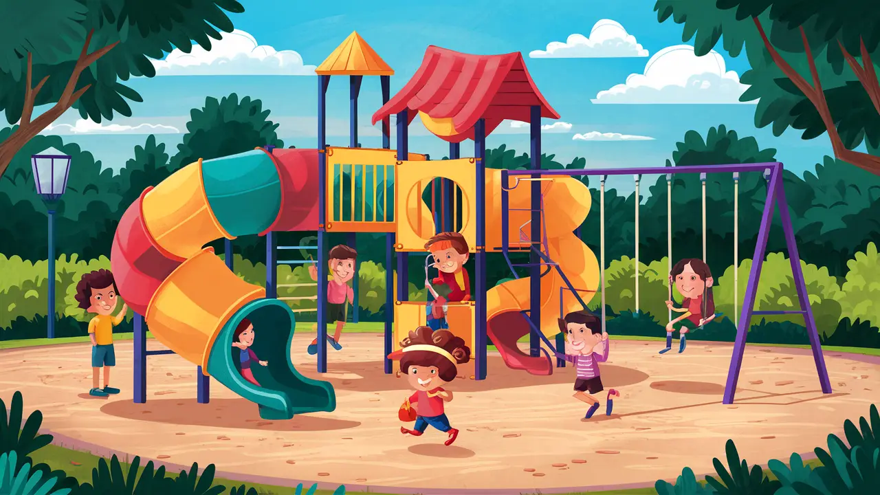 Crianças brincando em um parque infantil colorido em São Luís com escorregador e balanços.