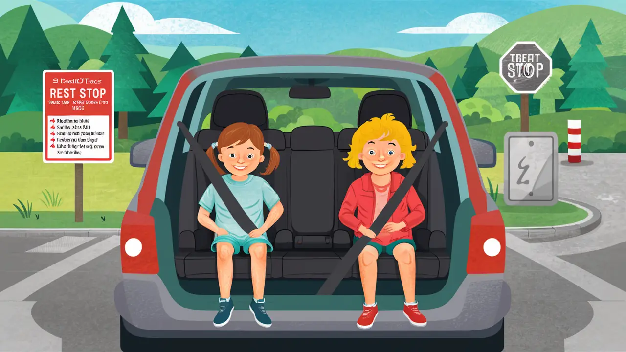 Crianças no banco de trás do carro, usando cintos de segurança, em uma parada com sinal de dicas de segurança.