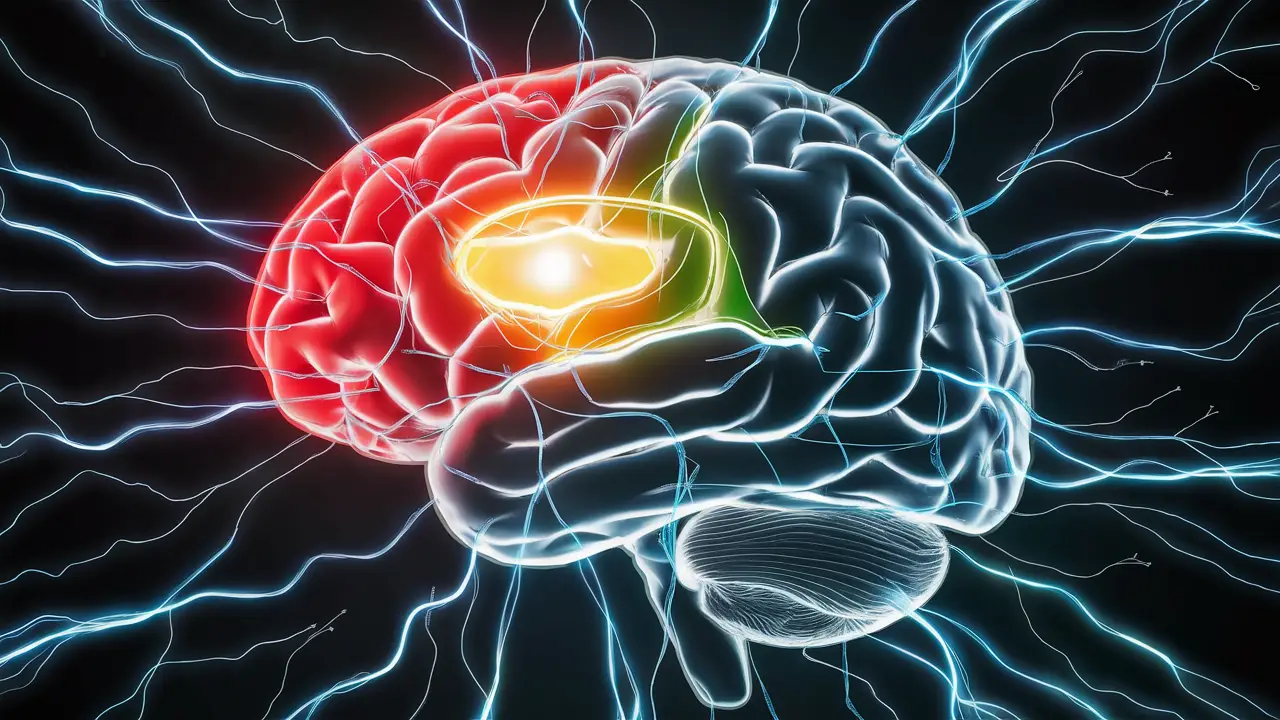 Cérebro humano detalhado com seções destacadas em cores vivas e conexões neurais azuis em fundo escuro.