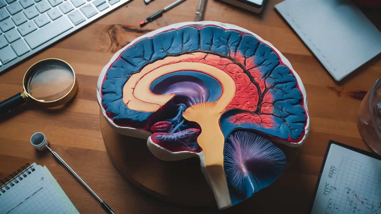 Cérebro humano modelo aberto com regiões detalhadas e ferramentas científicas ao redor em uma mesa de madeira.