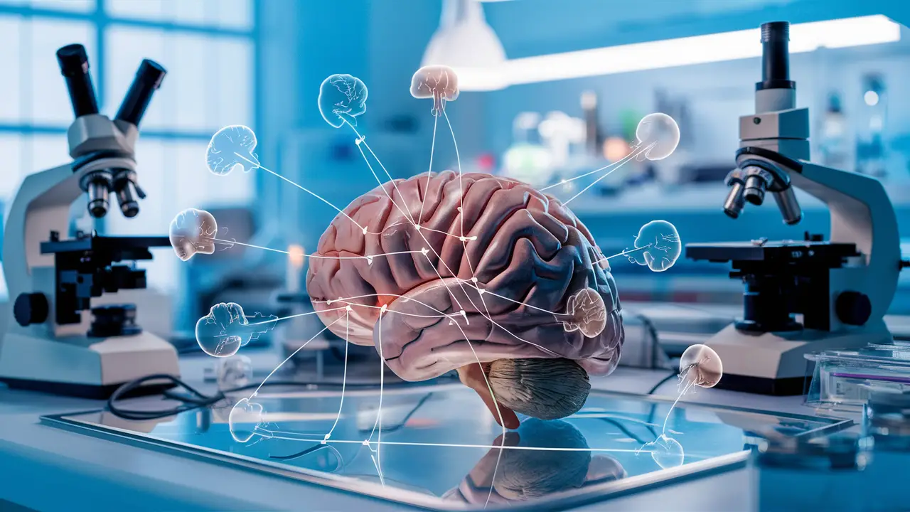 Laboratório iluminado com cérebro humano em mesa cercado por instrumentos científicos e sobreposição de vias neurais.