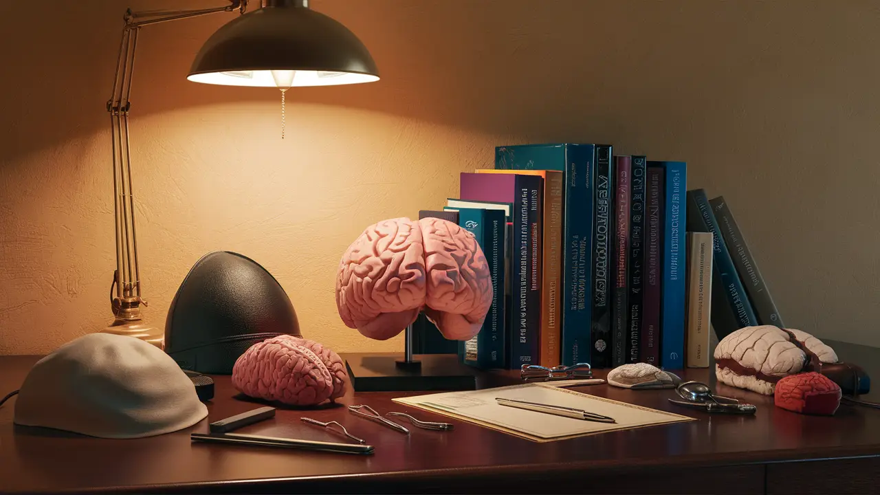 Modelos de cérebro, capacete EEG e livros de neuropsicologia em uma mesa de madeira bem iluminada.