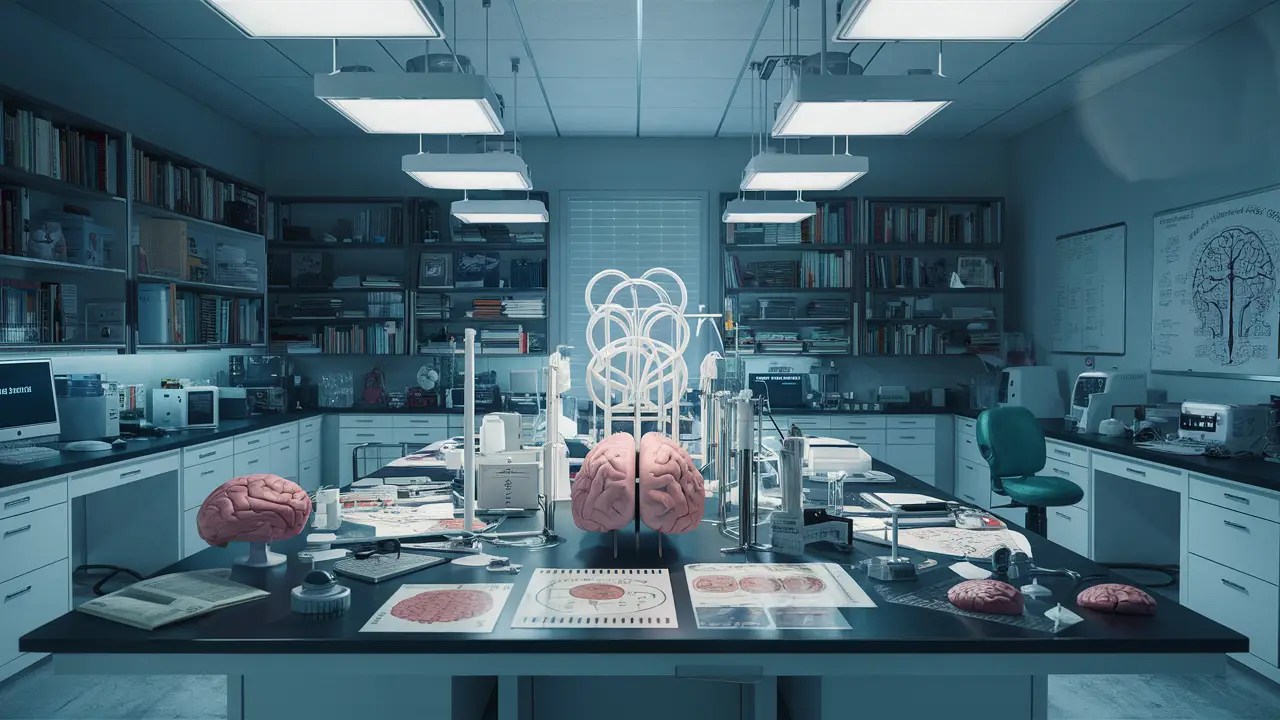 Laboratório com mesa central repleta de ferramentas de teste neuropsicológico e modelos cerebrais.