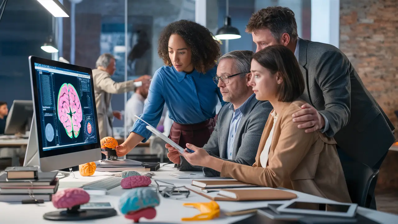 Quatro pessoas analisam uma imagem de escaneamento cerebral em um escritório moderno.