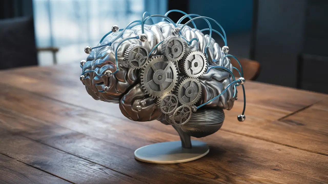Cérebro humano com engrenagens e fios interconectados sobre uma mesa de madeira.