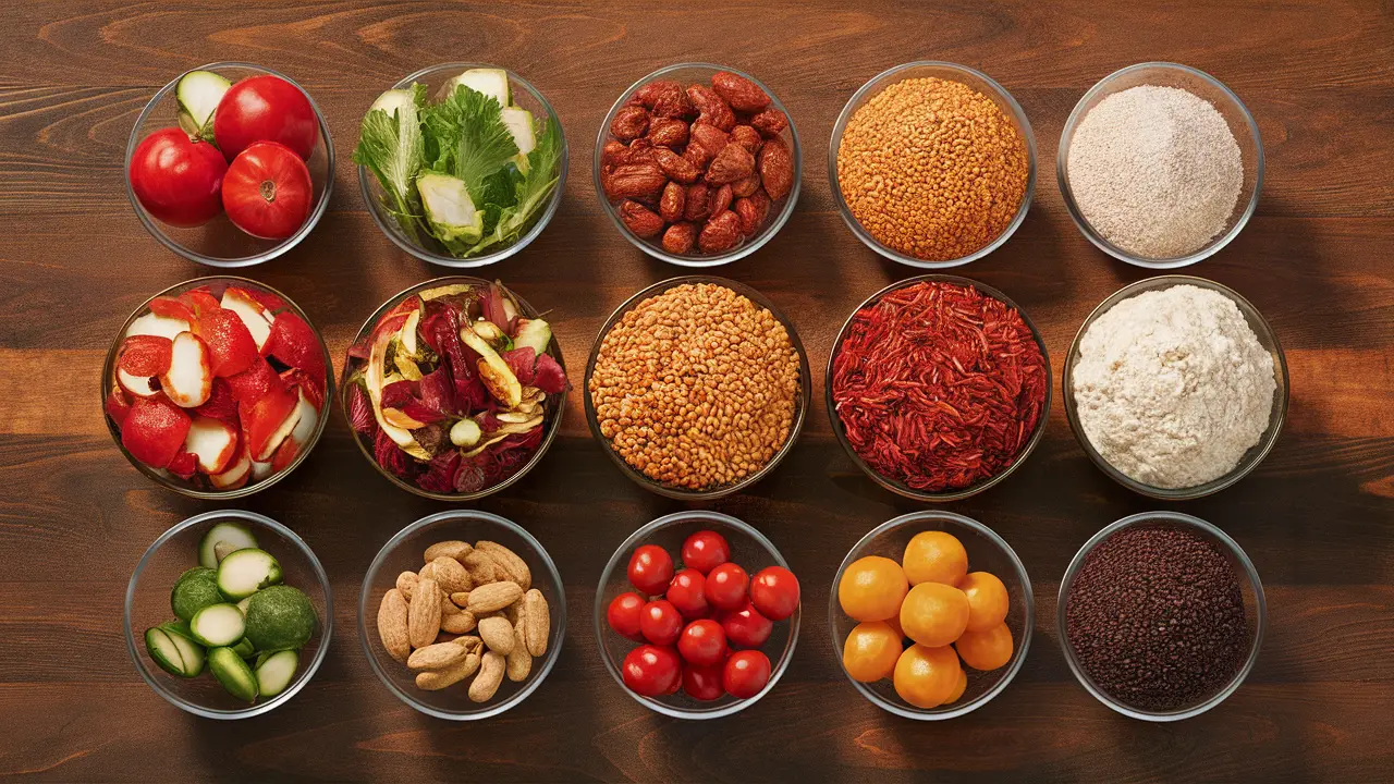 Vários nutrientes essenciais em tigelas de vidro, incluindo vegetais, nozes, grãos e proteínas em uma mesa de madeira.