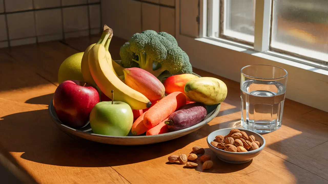 Mesa com frutas, legumes e castanhas iluminada por luz natural.