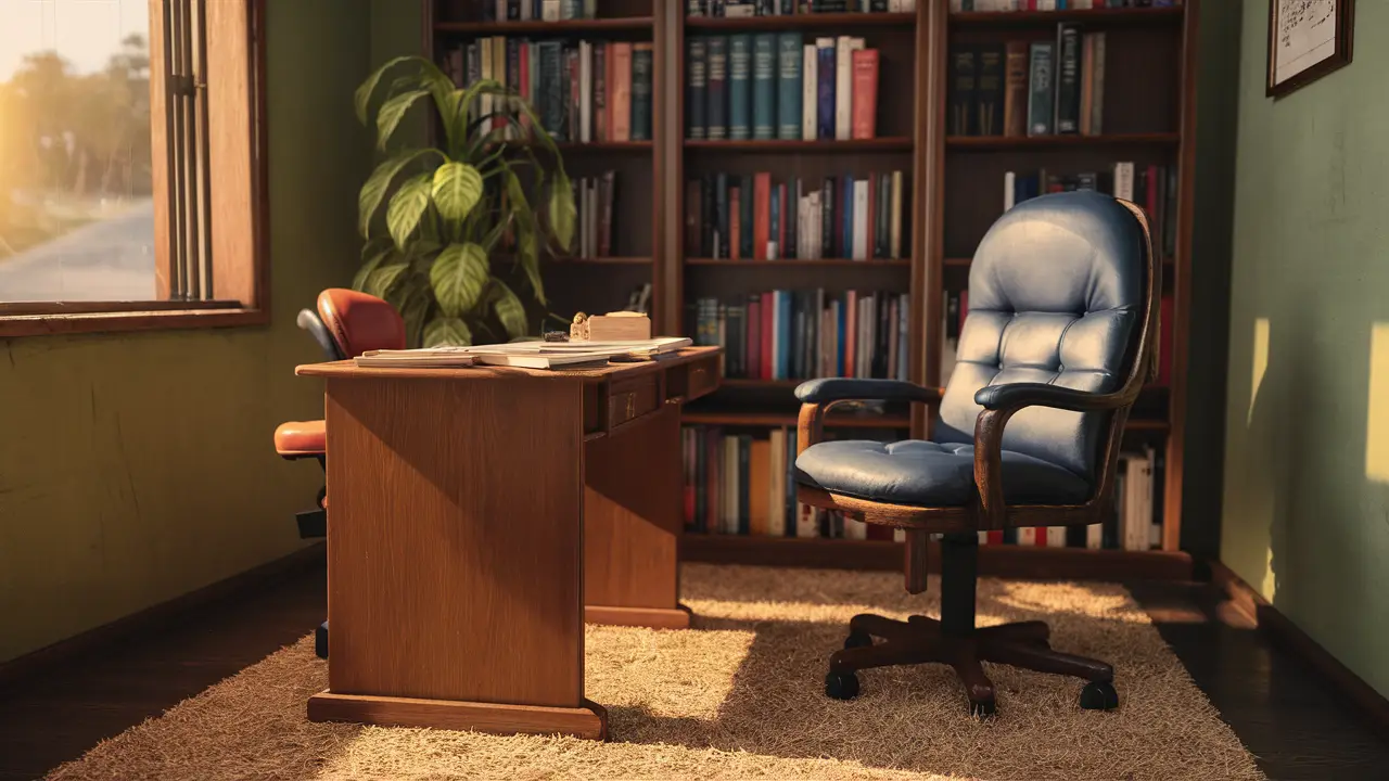 Consultório de psiquiatria com escrivaninha, cadeira, estantes de livros e planta em vaso, janela com dia ensolarado.