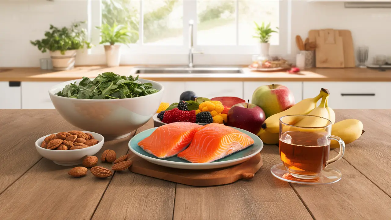 Alimentos saudáveis no equilíbrio emocional sobre uma mesa de madeira com luz solar na cozinha.