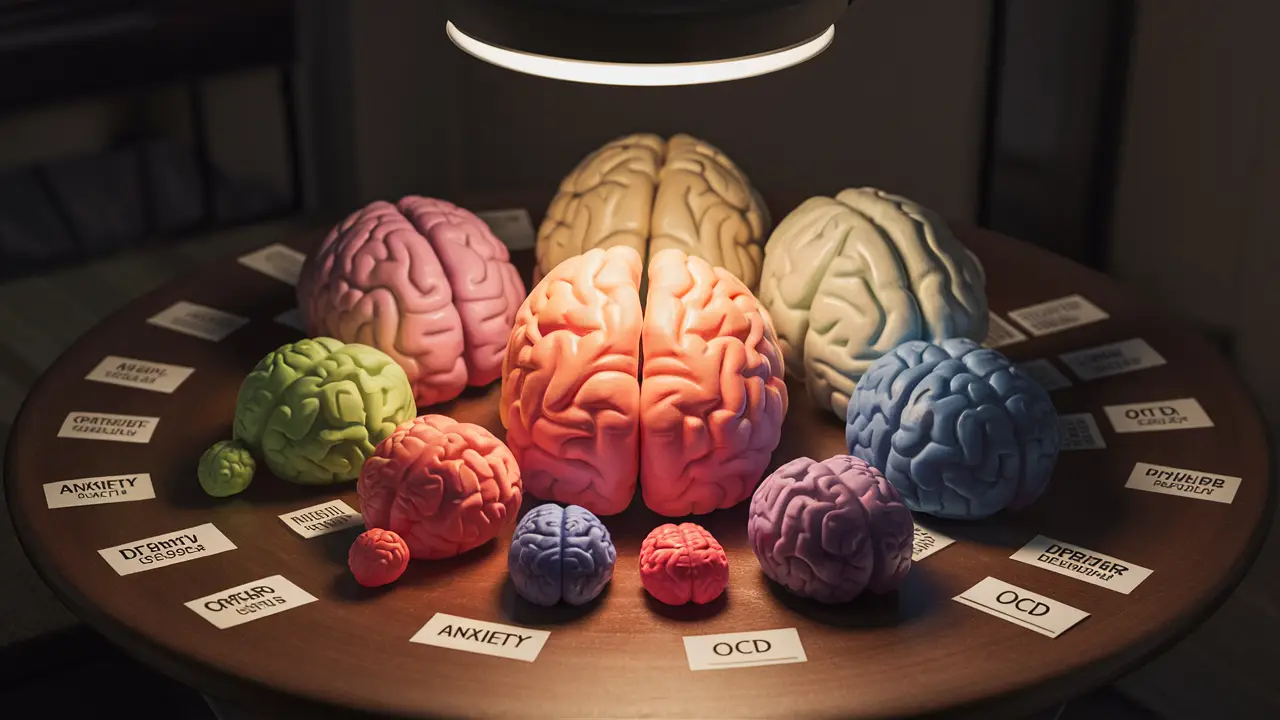 Cérebros de plástico coloridos representando diferentes transtornos mentais em uma mesa de madeira com etiquetas.
