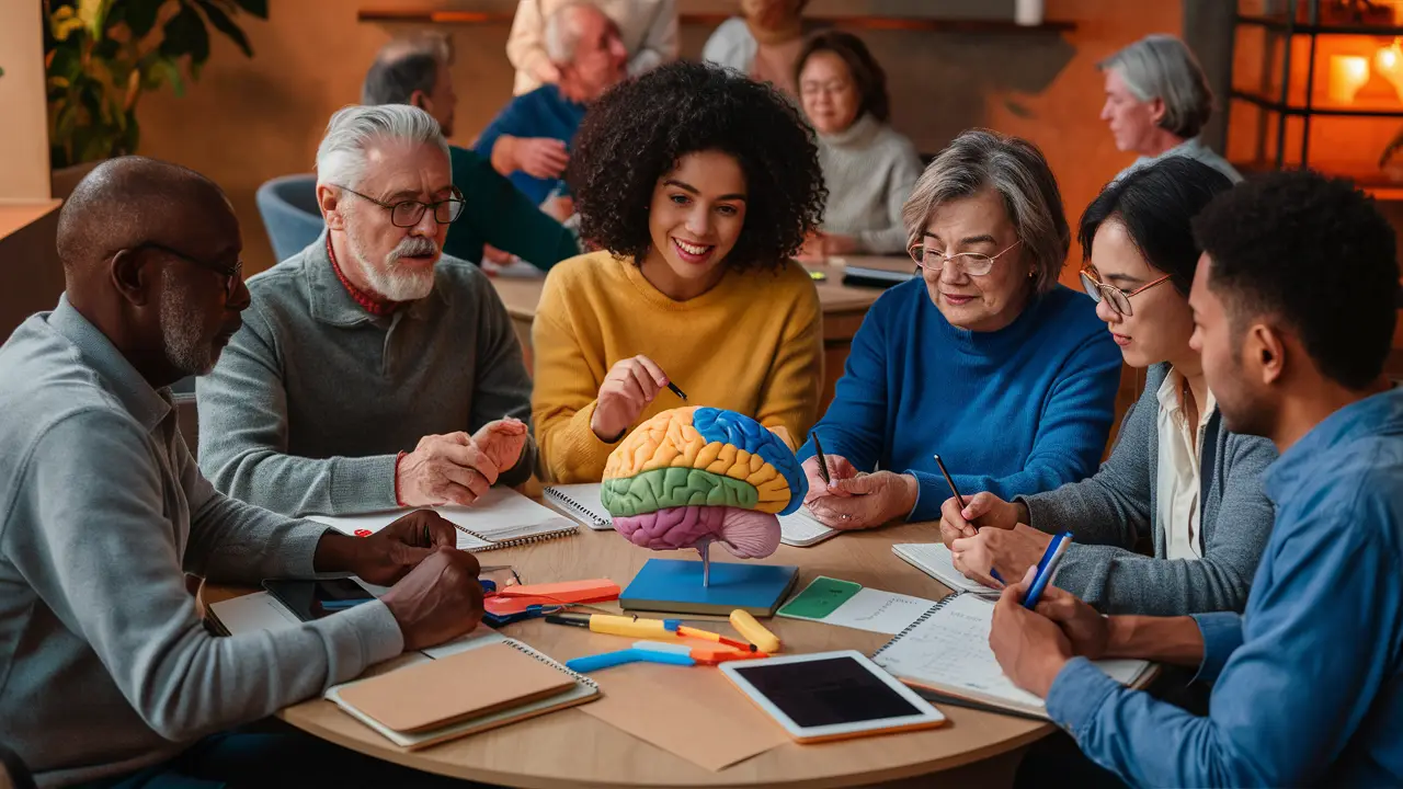 Pessoas de diferentes idades e gêneros colaborando em sessão de reabilitação cognitiva ao redor de uma mesa redonda.