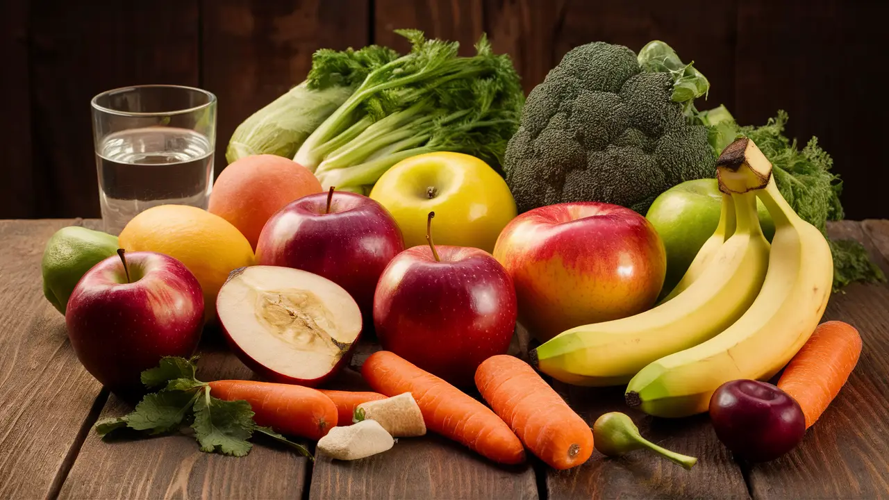 Frutas e vegetais frescos, incluindo maçãs e cenouras, dispostos em uma mesa de madeira com um copo de água.