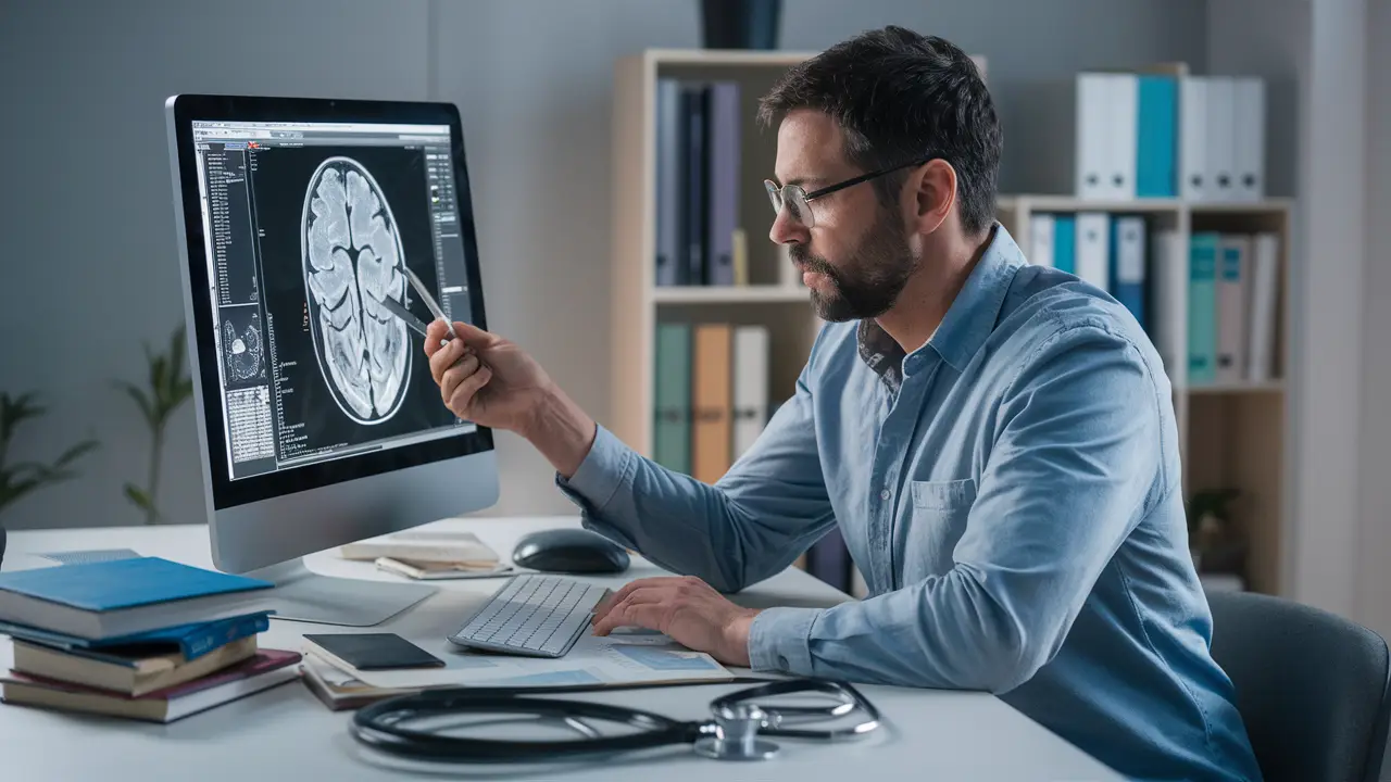 Psiquiatra analisando exame cerebral em escritório moderno com livros médicos e estetoscópio na mesa.