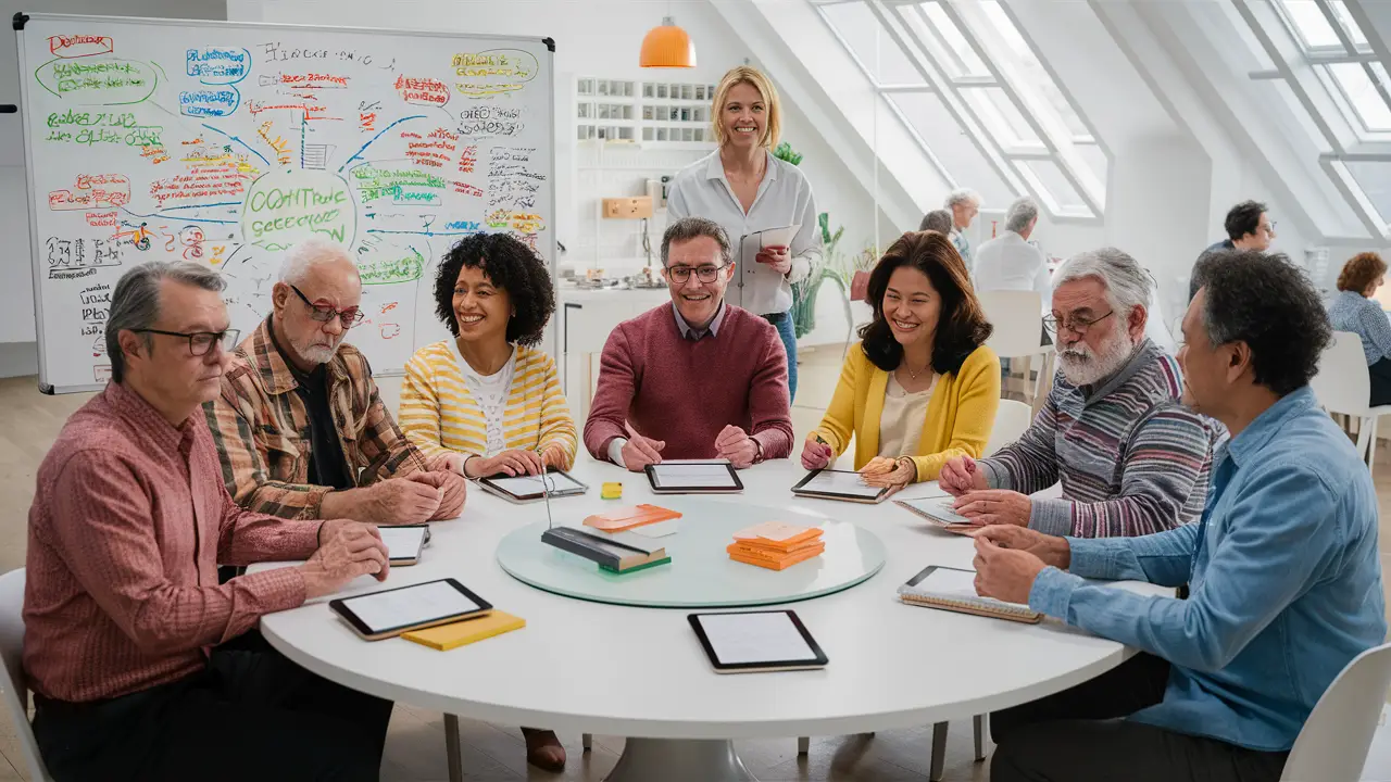 Pessoas de várias idades em uma sessão de avaliação cognitiva ao redor de uma mesa com livros e tablets.