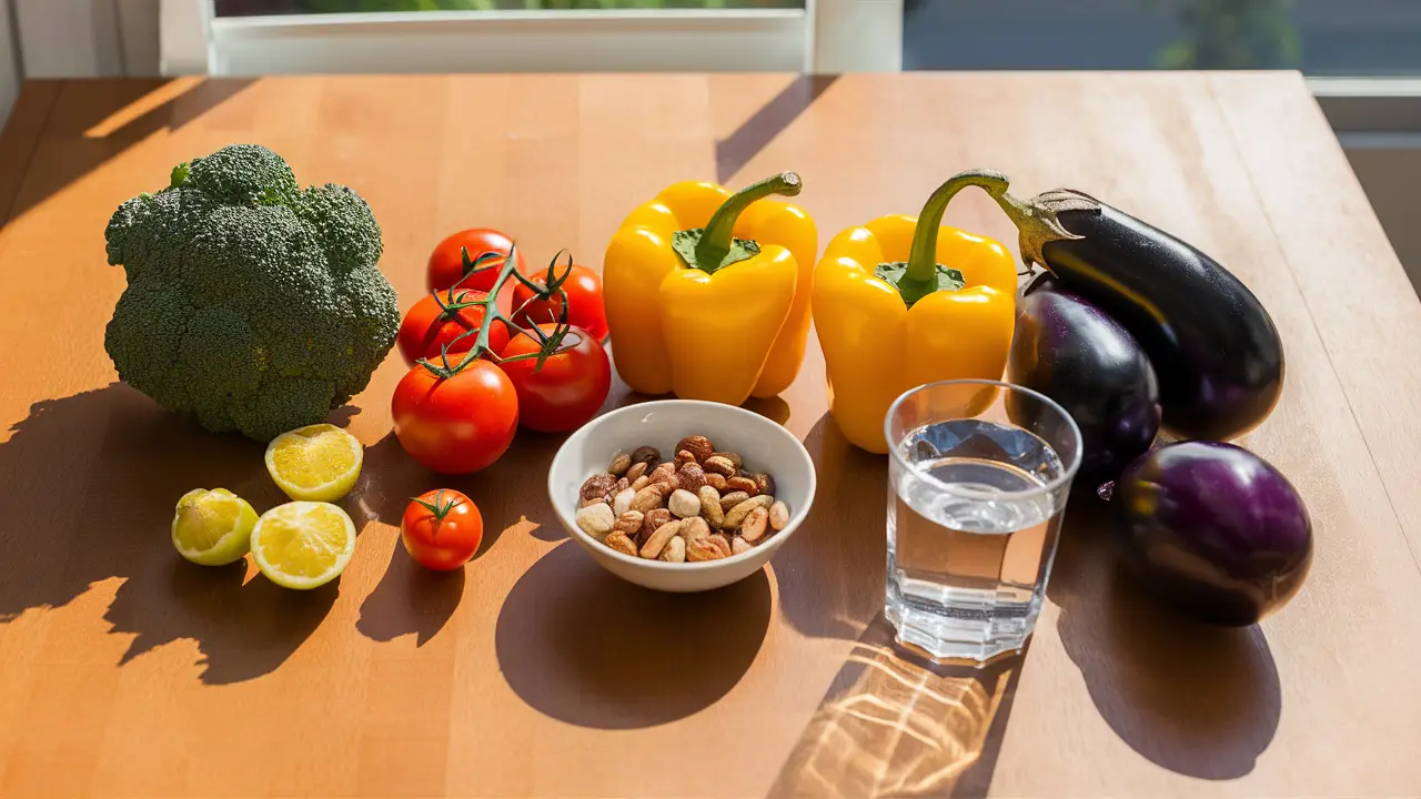 Variedade de vegetais frescos em uma mesa de madeira com um copo de água e uma tigela de nozes.