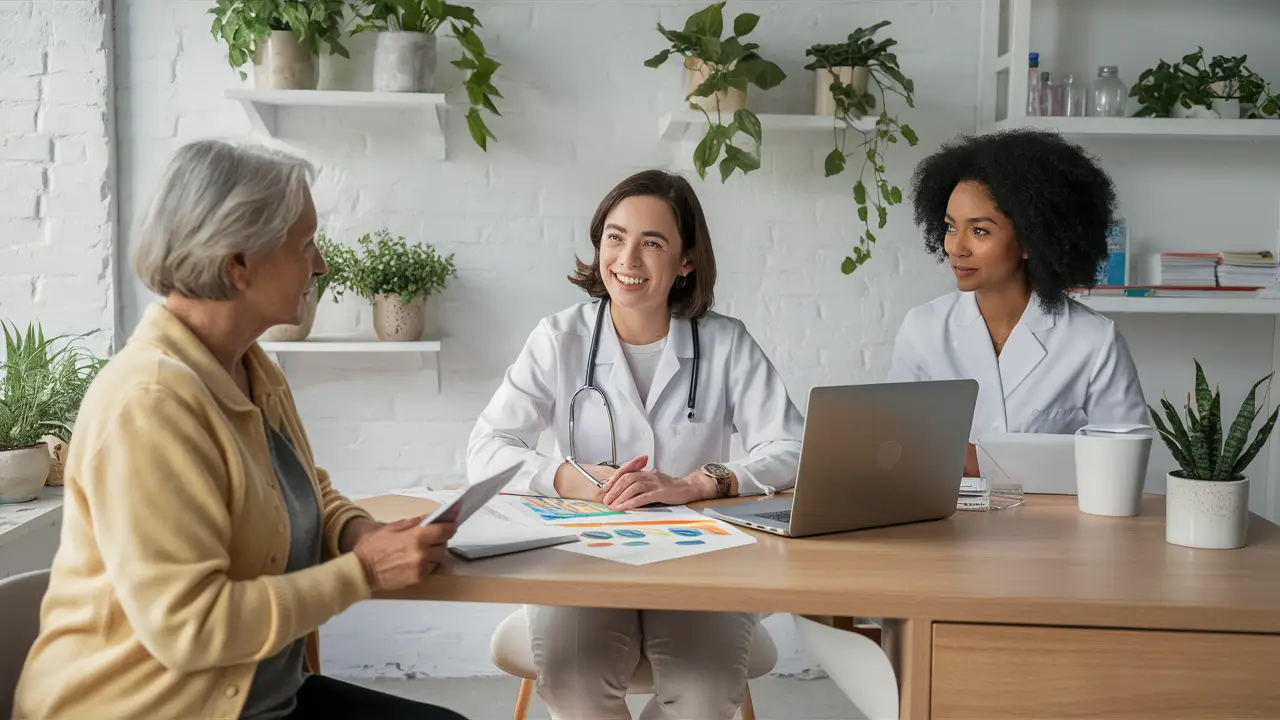 Nutricionista em consultório moderno com laptop e gráficos coloridos, paciente escutando com bloco de notas.
