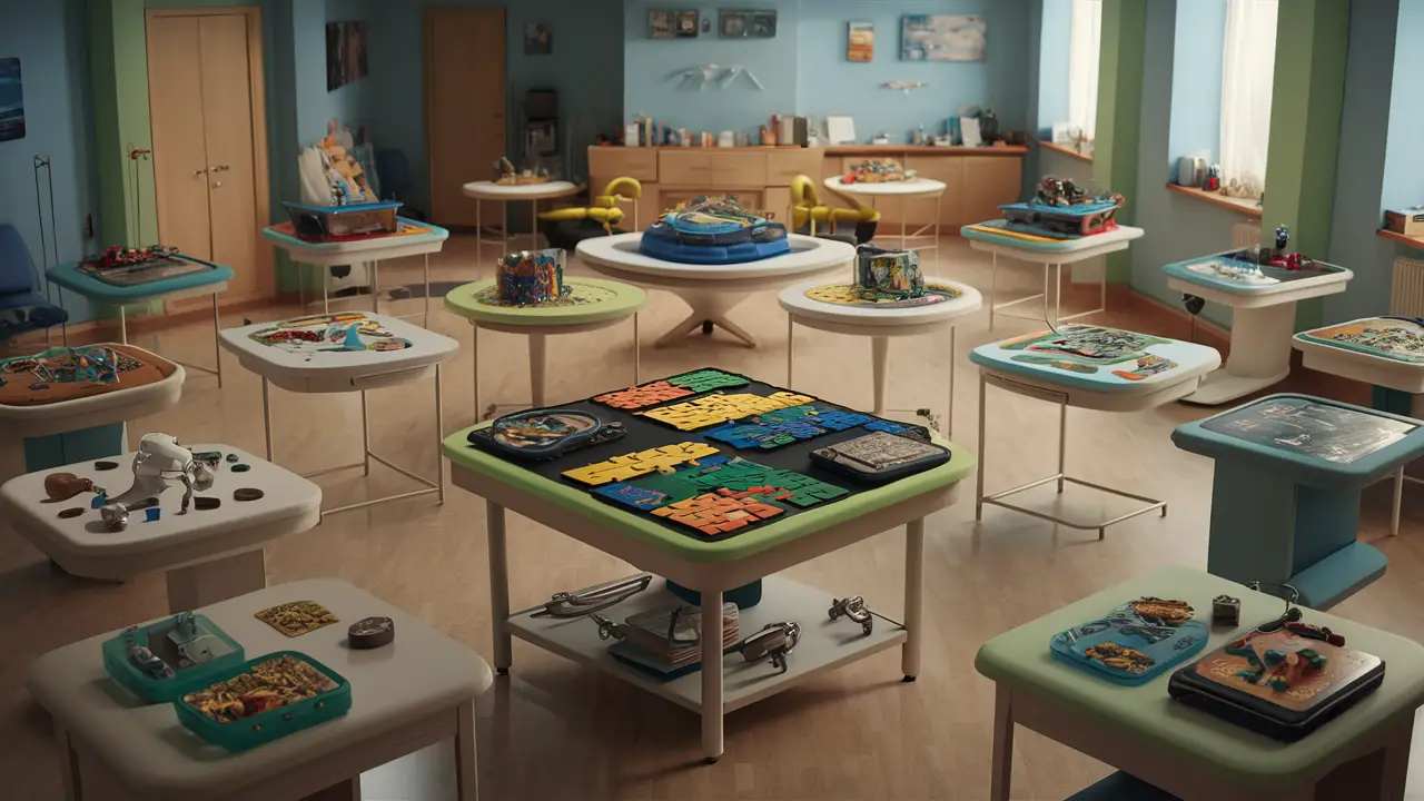 Sala de terapia moderna com ferramentas de treinamento cognitivo, incluindo quebra-cabeças e telas de toque.