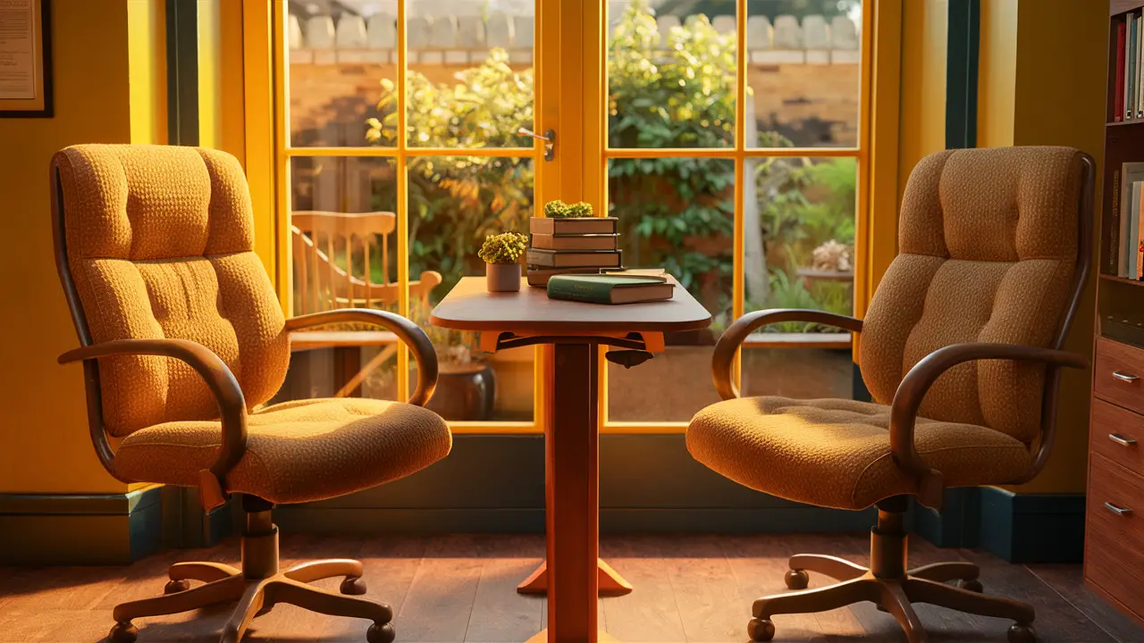 Duas cadeiras frente a frente em um escritório acolhedor com uma mesa de madeira e janela grande.
