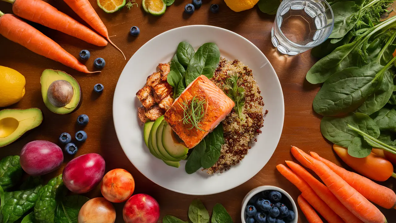 Prato equilibrado com salmão grelhado, quinoa, abacate e vegetais coloridos sobre mesa de madeira, com copo de água ao lado.