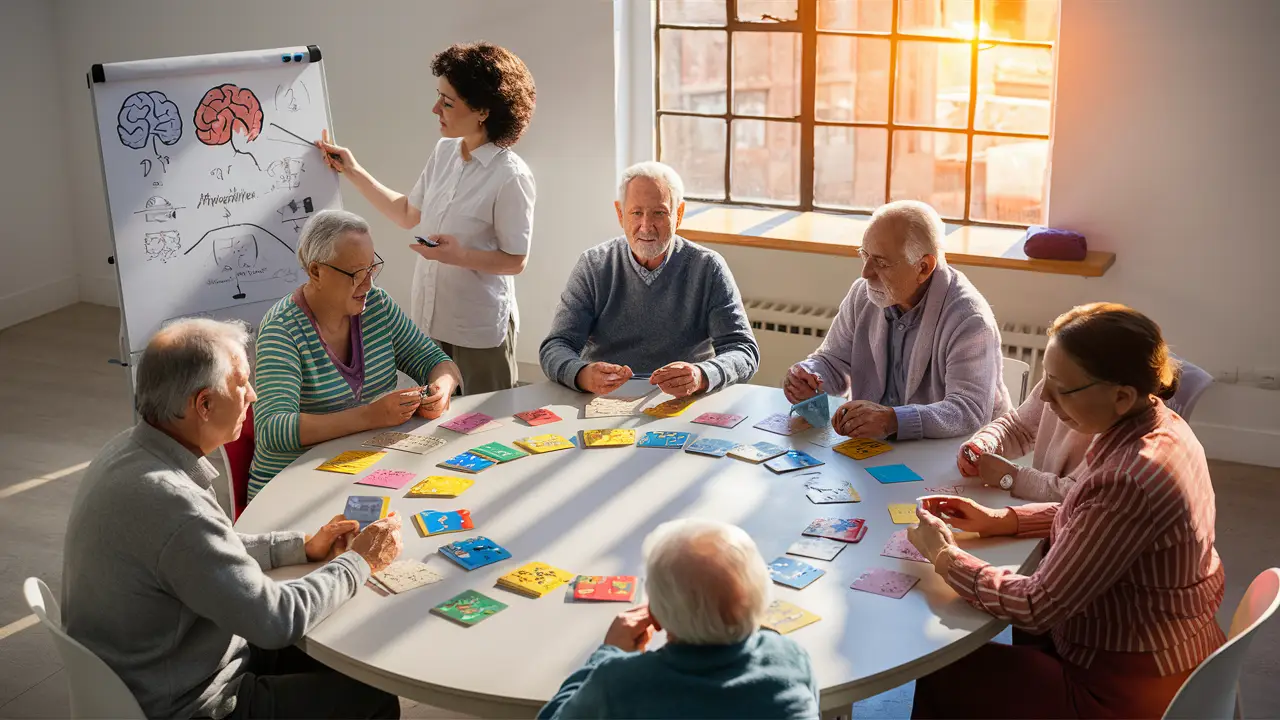 Grupo de pessoas em sessão de reabilitação cognitiva com cartões e dispositivos sobre a mesa.