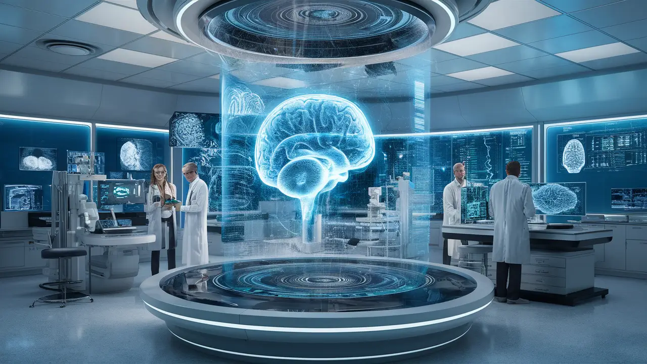 Laboratório futurista com cientistas examinando dados digitais em frente a uma tela holográfica de um escaneamento cerebral.
