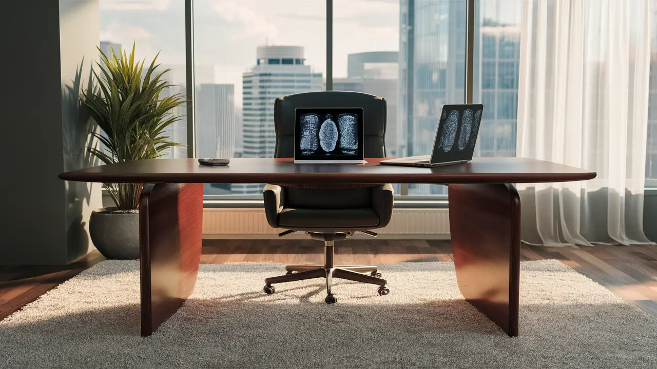 Escritório moderno com mesa de madeira, laptop mostrando imagens cerebrais e vista de cidade pela janela.