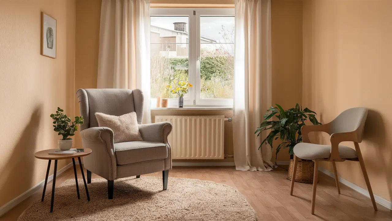 [Sala de terapia tranquila com poltrona confortável, mesa pequena com planta e janela com vista para jardim.]