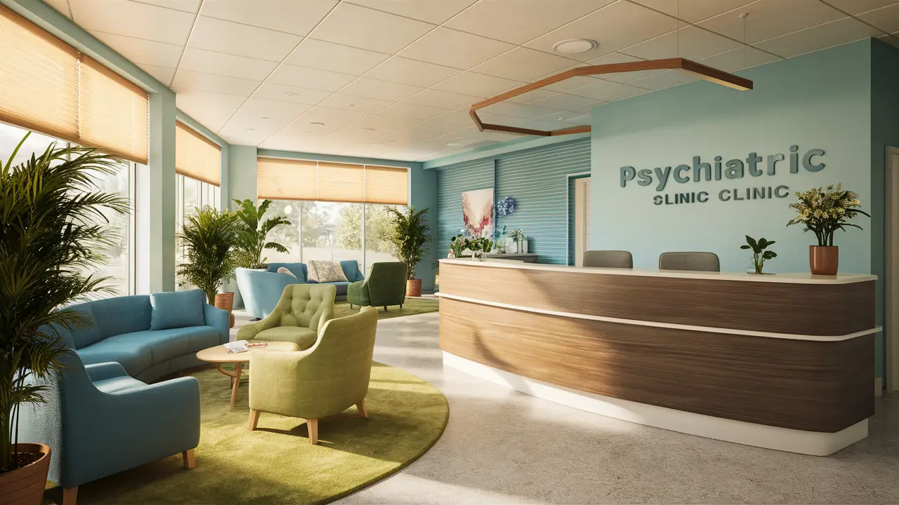 Recepção moderna de clínica psiquiátrica com móveis confortáveis e plantas em ambiente iluminado.