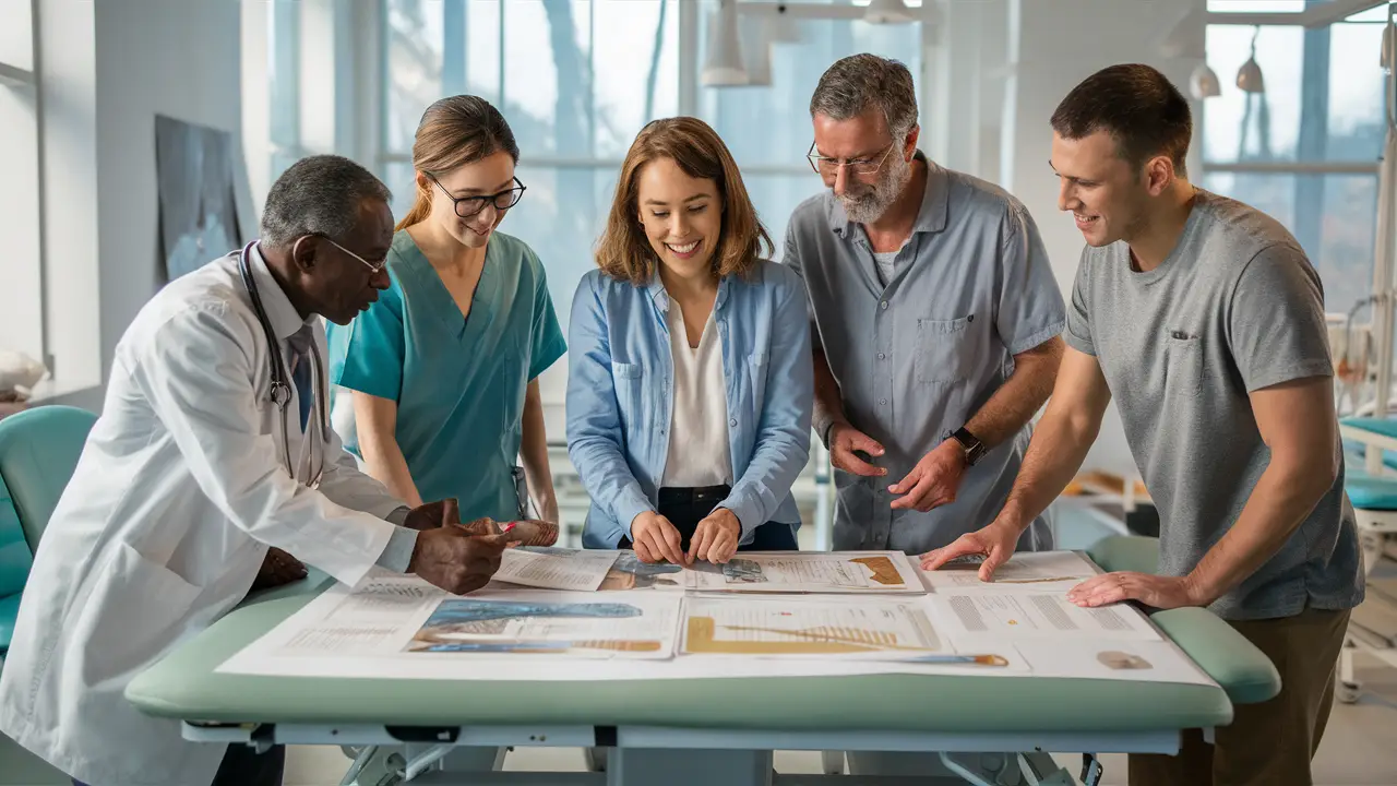 Equipe multidisciplinar em reabilitação trabalhando em conjunto ao redor de uma mesa com materiais médicos.