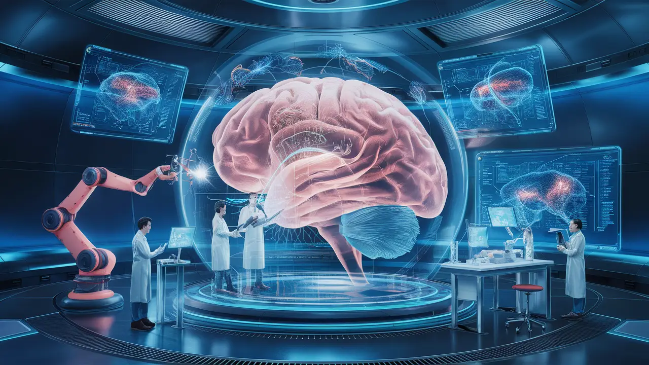 Cientistas analisam modelo 3D do cérebro em laboratório futurista com telas holográficas.