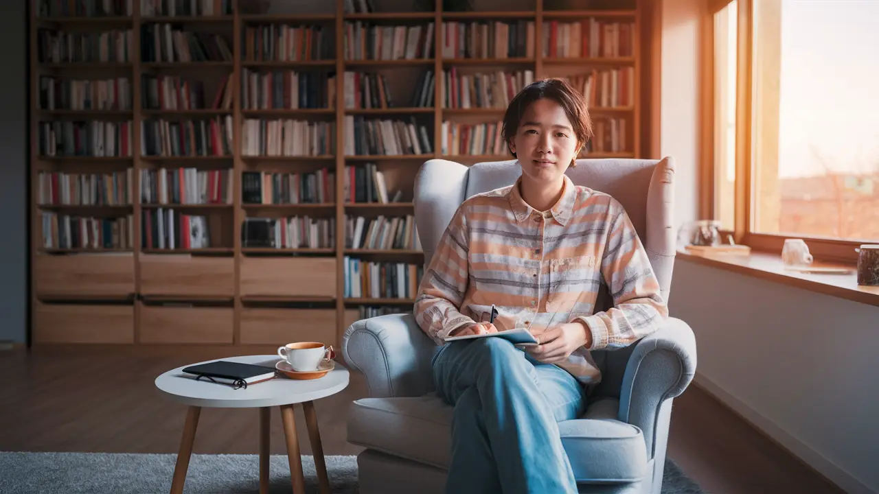 Pessoa sentada em sala aconchegante com estante de livros, poltrona confortável, mesa com caderno e xícara de chá.