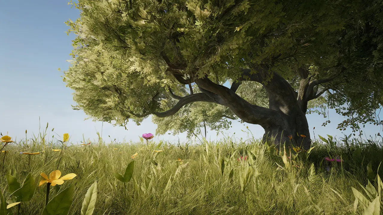 Paisagem serena com uma grande árvore de folhas verdes e flores coloridas sob um céu azul claro e luz suave do sol.