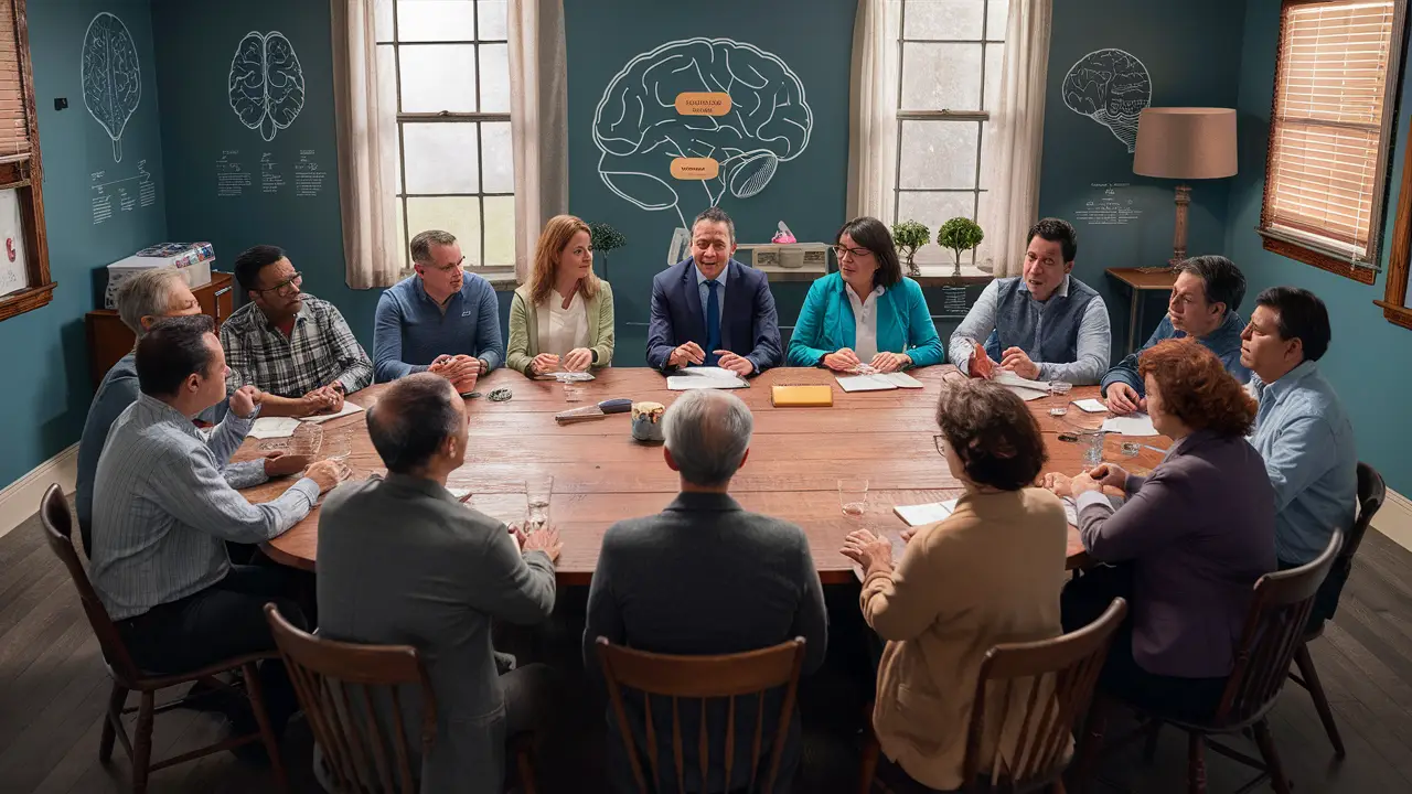 Pessoas discutindo em uma mesa com ferramentas de reabilitação cognitiva e diagramas de cérebro nas paredes.