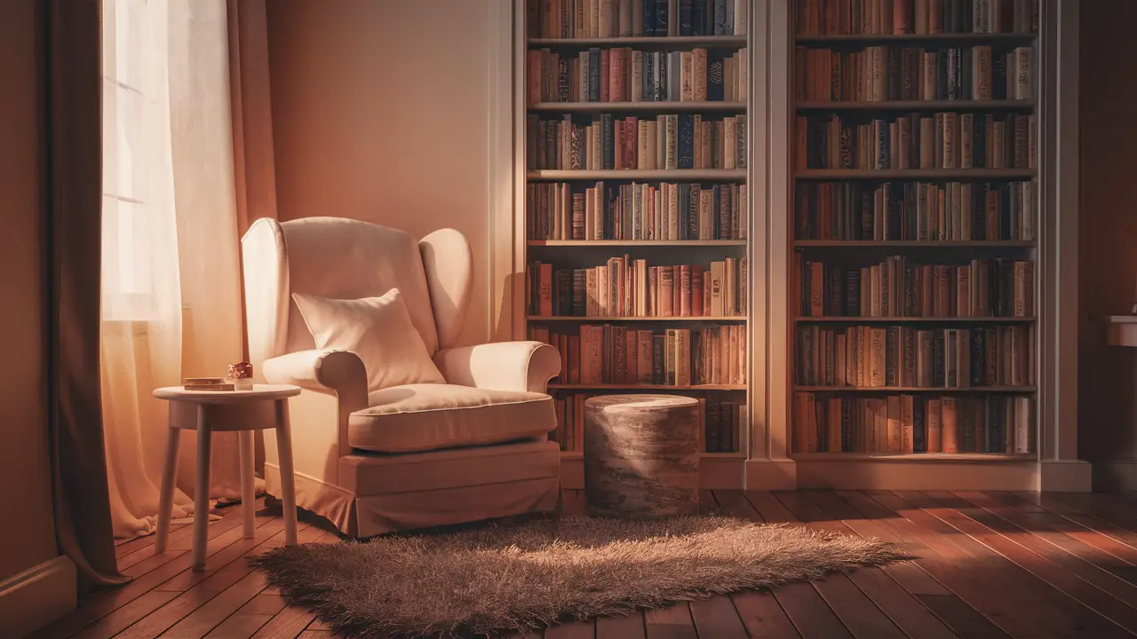 Sala aconchegante com poltrona, mesa, estante de livros e tapete, tons terrosos proporcionam atmosfera serena.