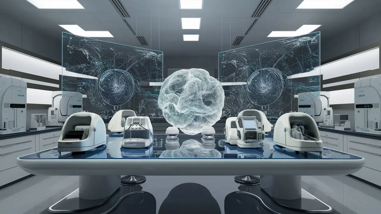 Laboratório moderno com equipamentos de neurologia e displays holográficos de redes neurais em 3D.