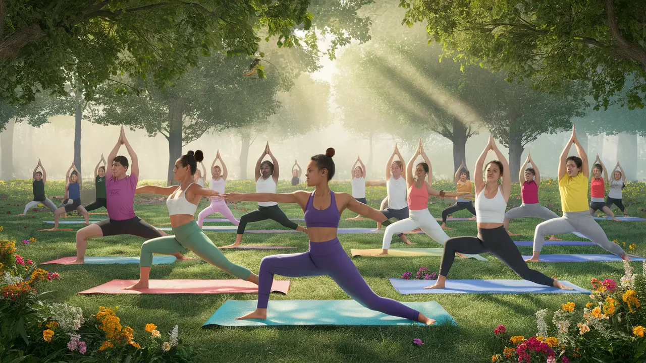 Pessoas diversas praticando yoga em um parque sob luz suave, cercadas por árvores verdes e flores coloridas.