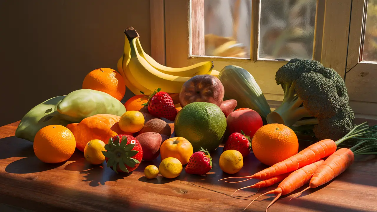 Frutas e vegetais frescos e coloridos sobre uma mesa de madeira com luz solar ao fundo.