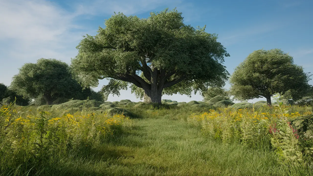 Paisagem serena com grande carvalho, grama verde e flores silvestres coloridas sob céu azul claro.