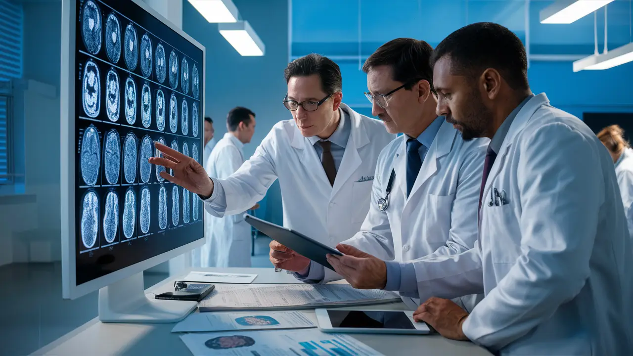 Médicos analisando exames cerebrais em uma tela digital em um consultório clínico moderno.