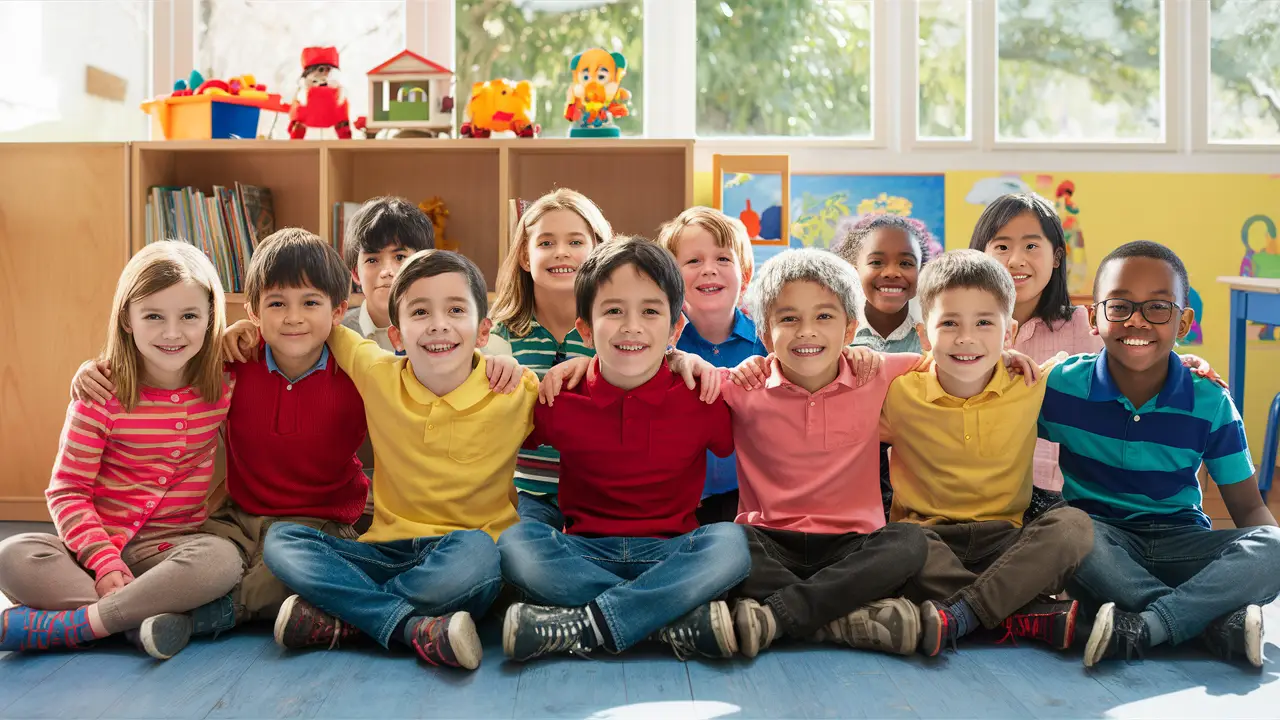 Grupo diverso de crianças em idade escolar sentadas em uma sala de aula com brinquedos educativos e livros ao fundo.