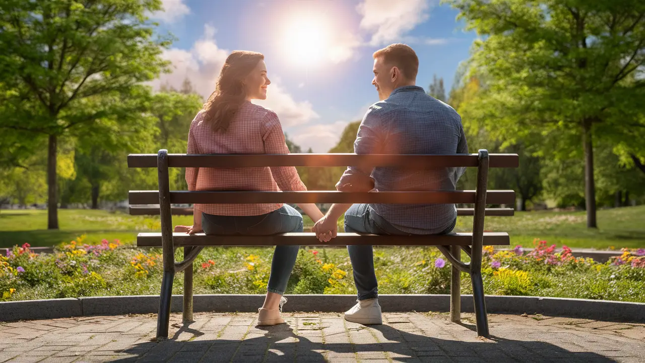 Casal sentado em banco de parque de mãos dadas, cercado por árvores verdes e flores coloridas sob céu ensolarado.