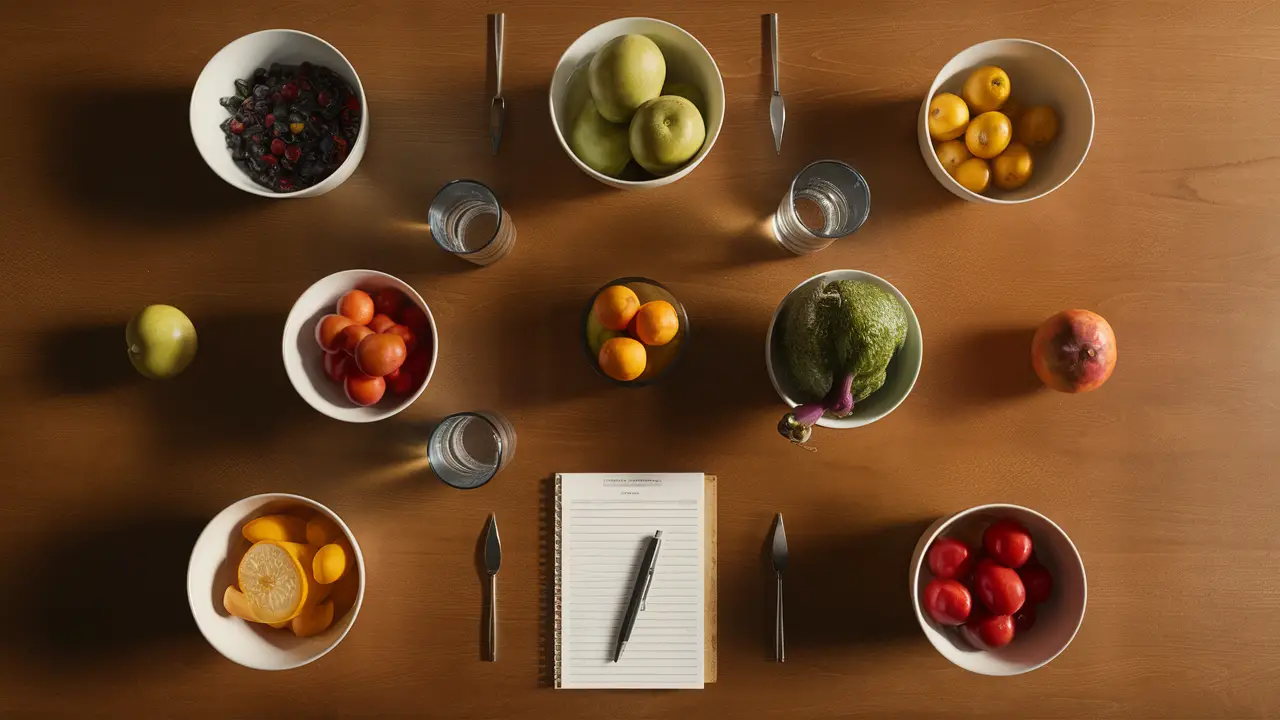 Mesa com frutas e vegetais coloridos em tigelas, copo de água e bloco de notas com caneta.